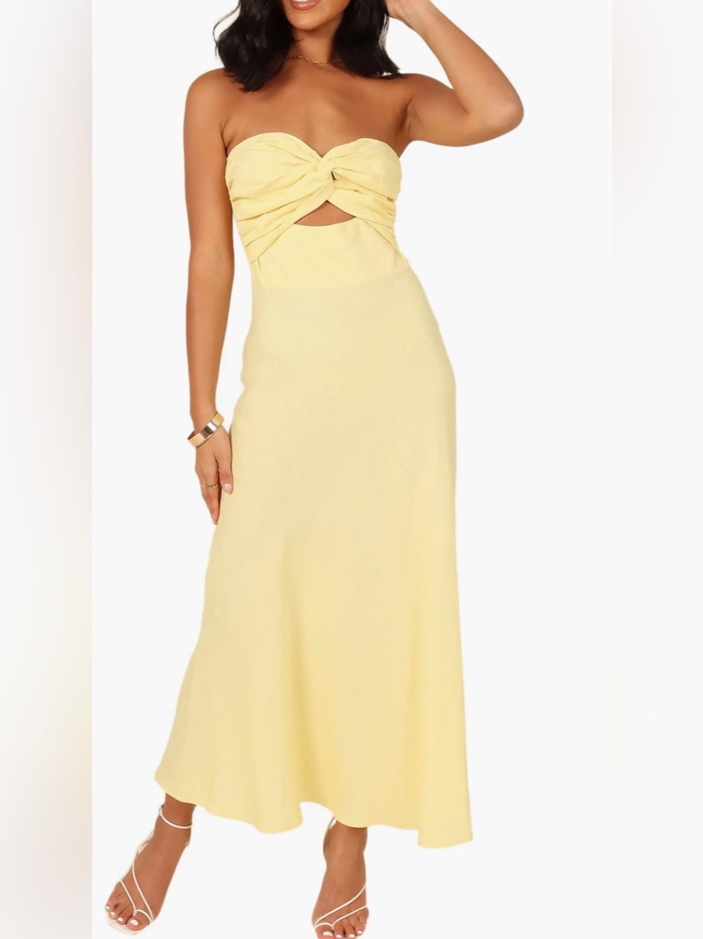 Petal & Pup Rosetta Strapless Twist-Front Maxi Dress in Pale Yellow